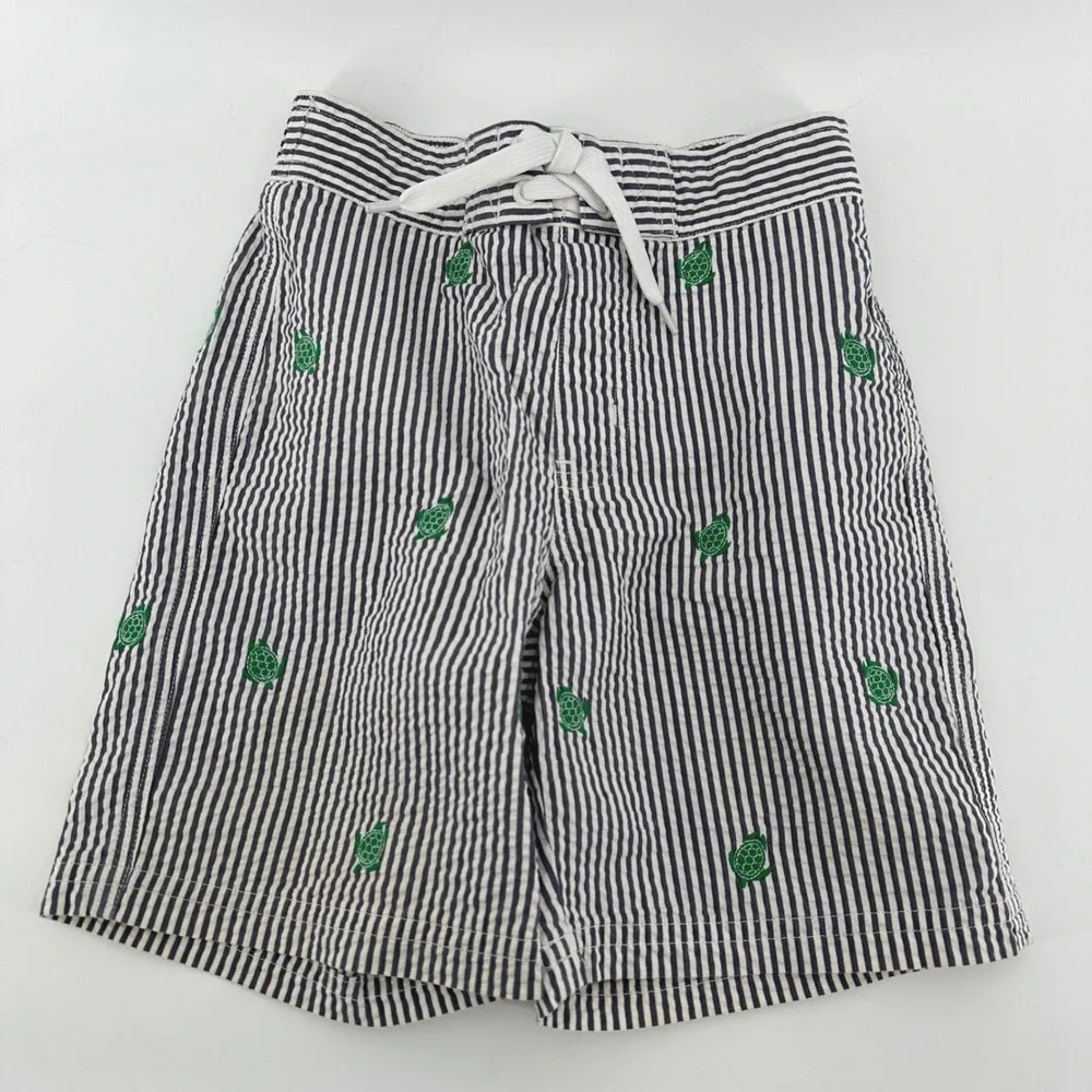 Janie and Jack Toddler Boy Navy Blue Seersucker Sea Turtle Swim Trunks 2T